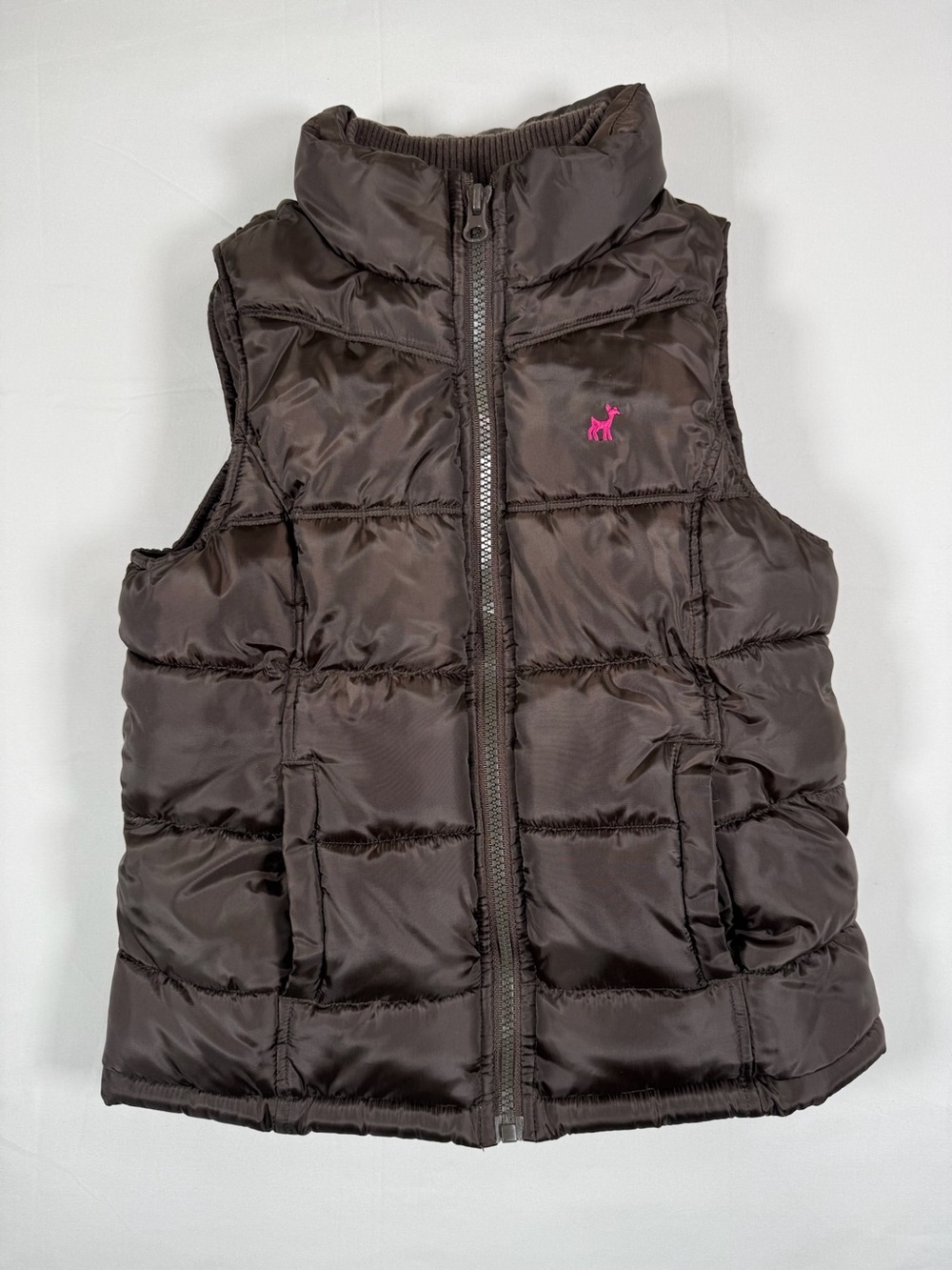 OLD NAVY Girls Brown Puffer Vest Pink Logo Full Zip Fleece Lined Size Medium (8)